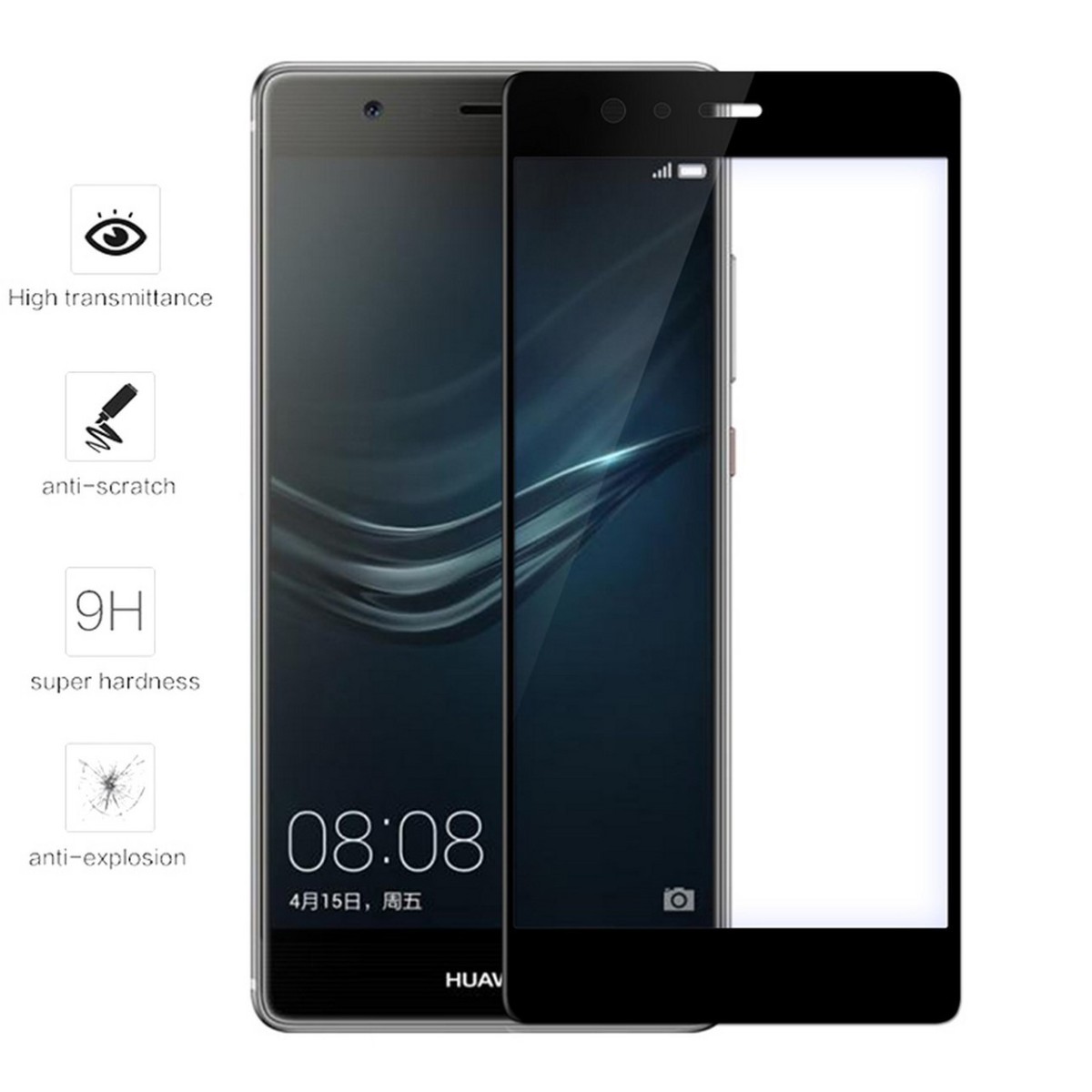 Protector Cristal Templado Frontal Completo Negro para Huawei P9  Vidrio