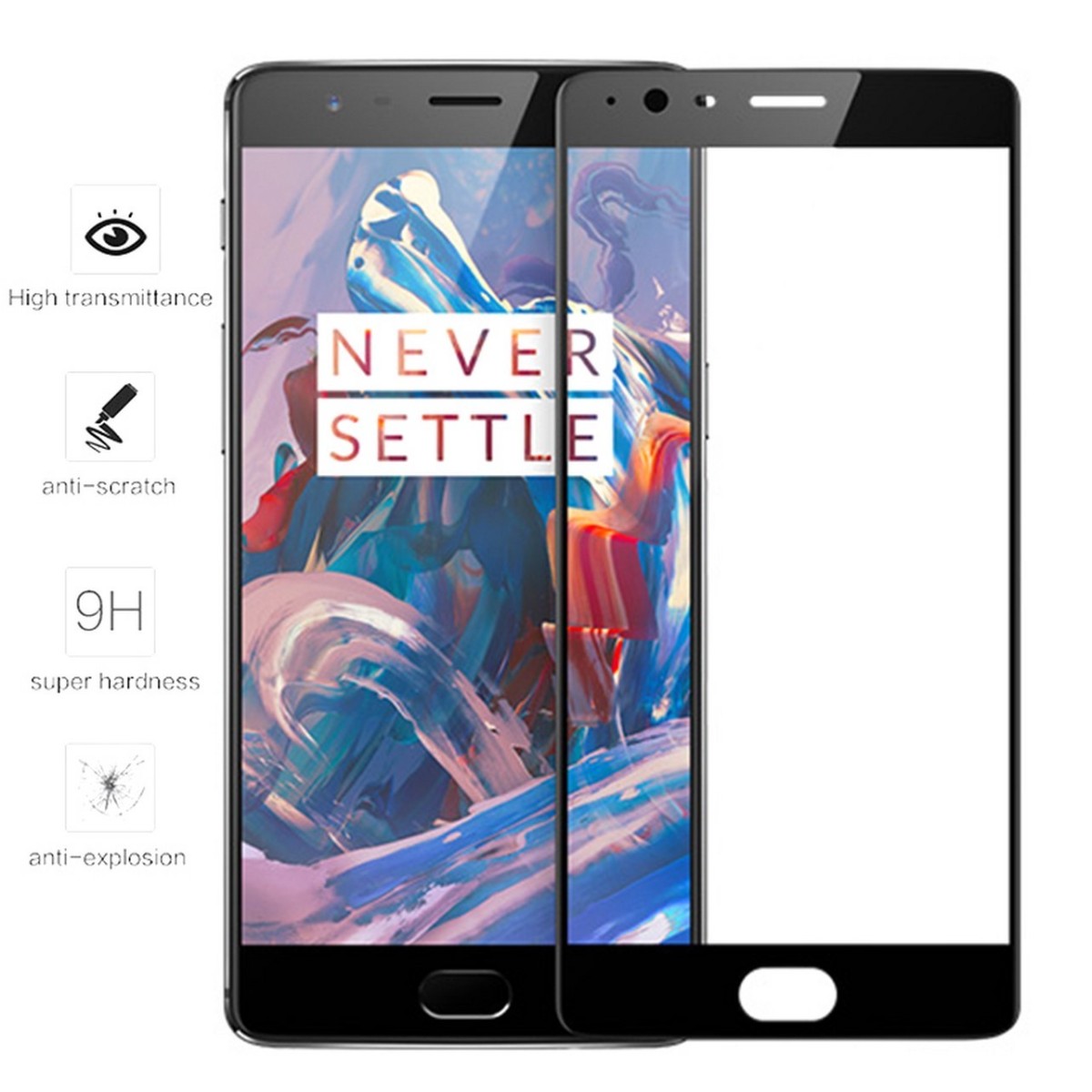 Protector Cristal Templado Frontal Completo Negro para Oneplus 3 / 3T  Vidrio