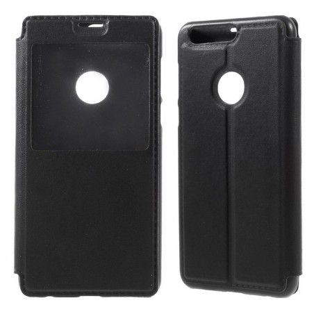 Funda Soporte Piel Negra Con Ventana para Huawei Honor 8 Flip Libro