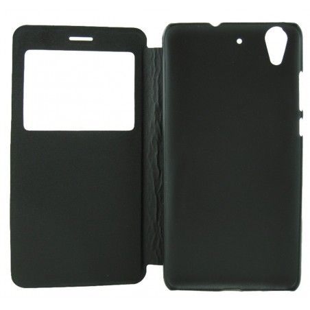 Funda Soporte Piel Negra Con Ventana para Huawei Y6 II / Honor 5A Flip Libro