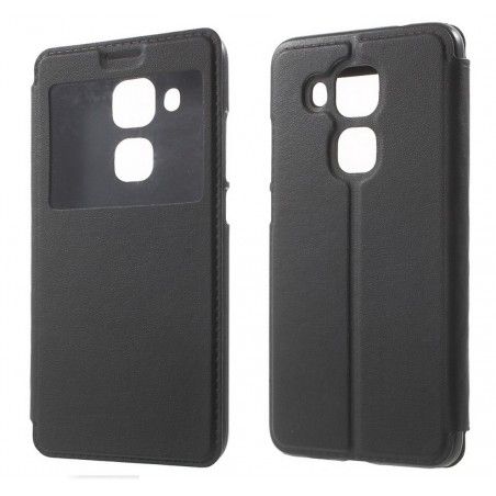 Funda Soporte Piel Negra Con Ventana para Huawei Nova Plus Flip Libro