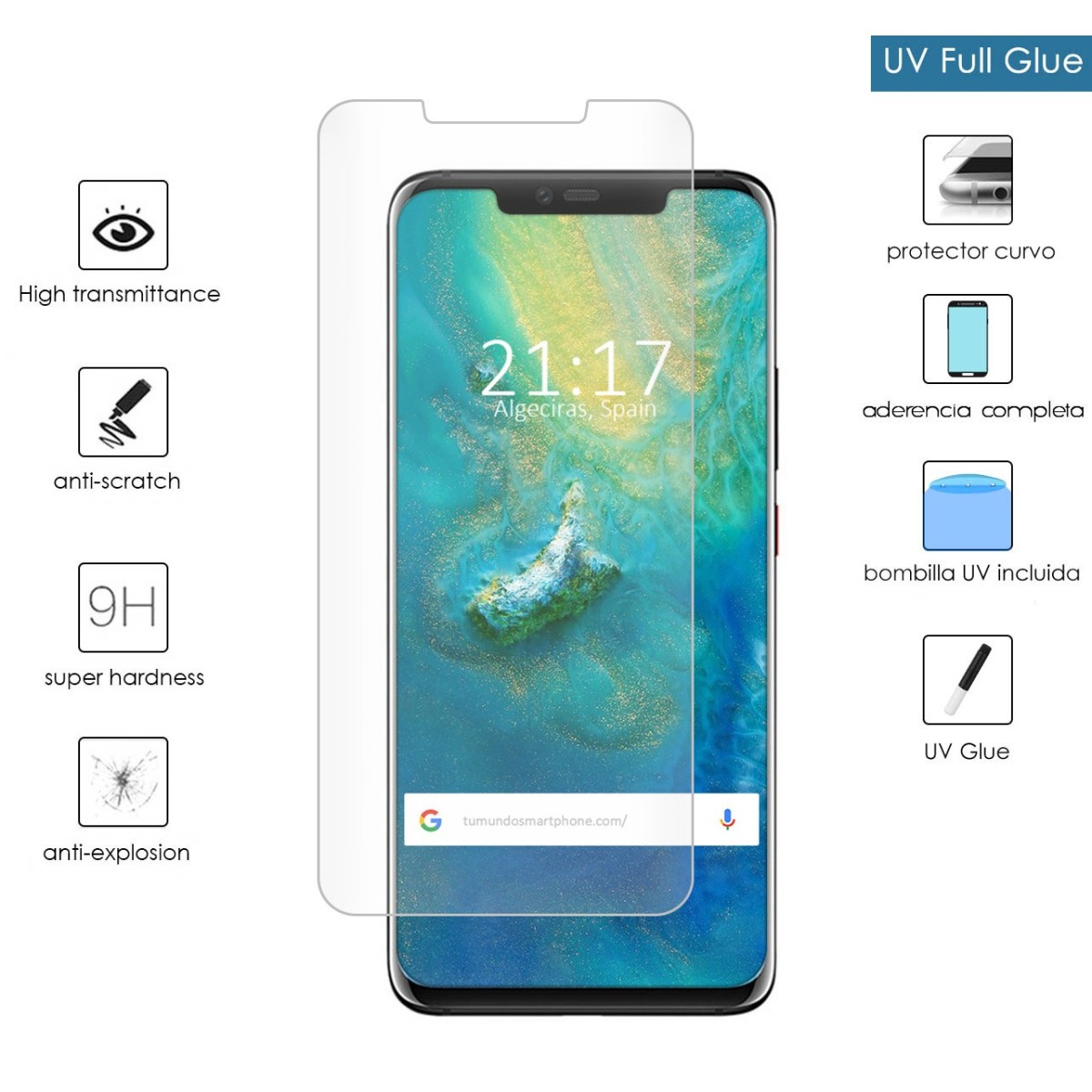Protector Cristal Templado Completo Curvo UV Full Glue para Huawei Mate 20 Pro