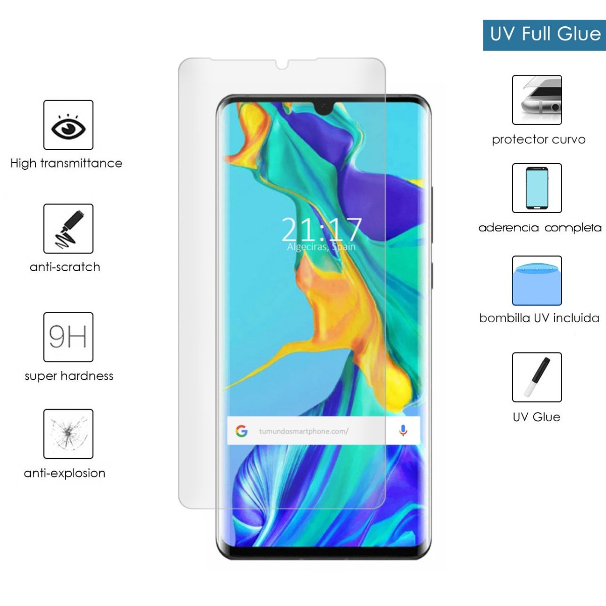 Protector Cristal Templado Completo Curvo UV Full Glue para Huawei P30 Pro