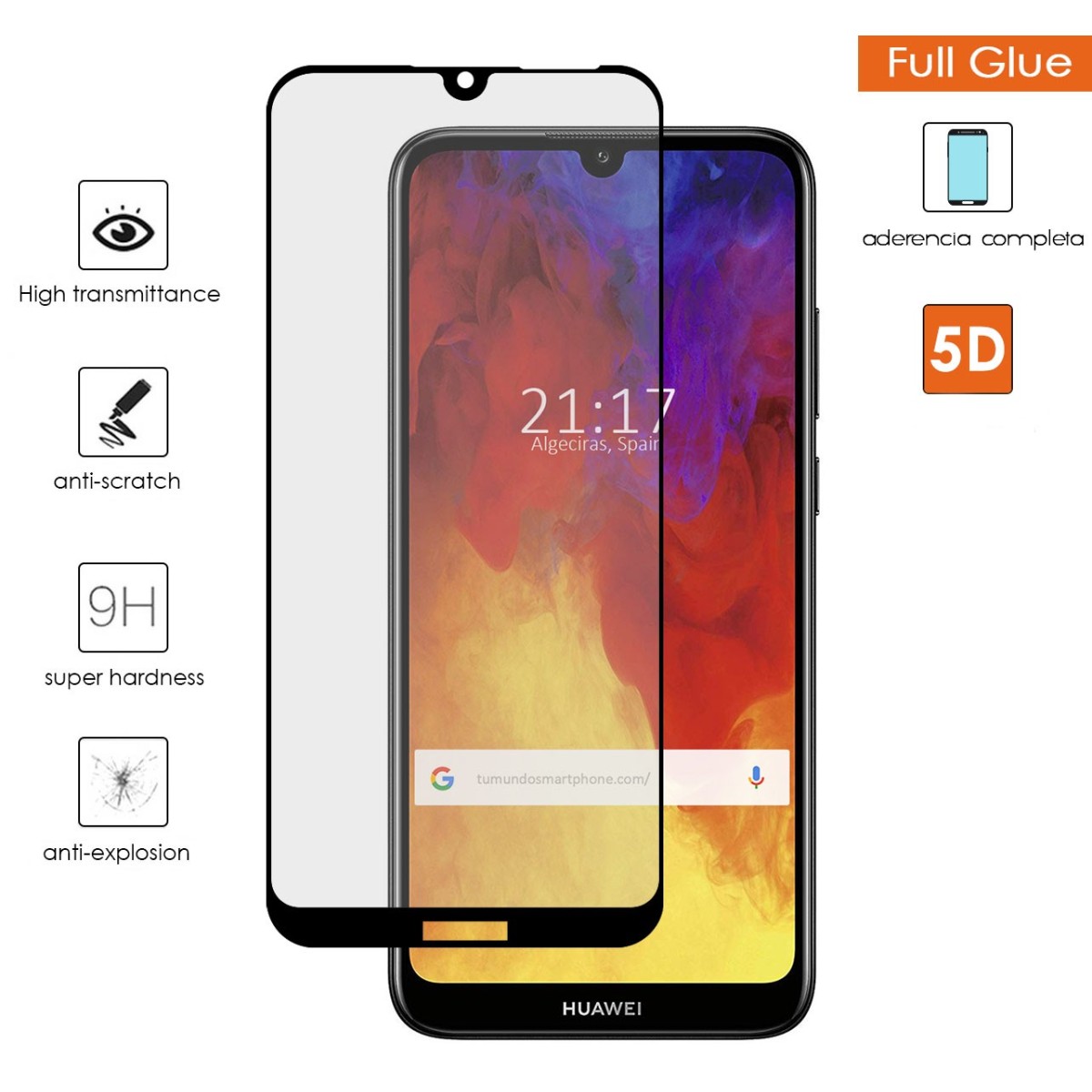 Protector Cristal Templado Completo Full Glue 5D Negro Huawei Y6 2019 / Y6s 2019 Vidrio