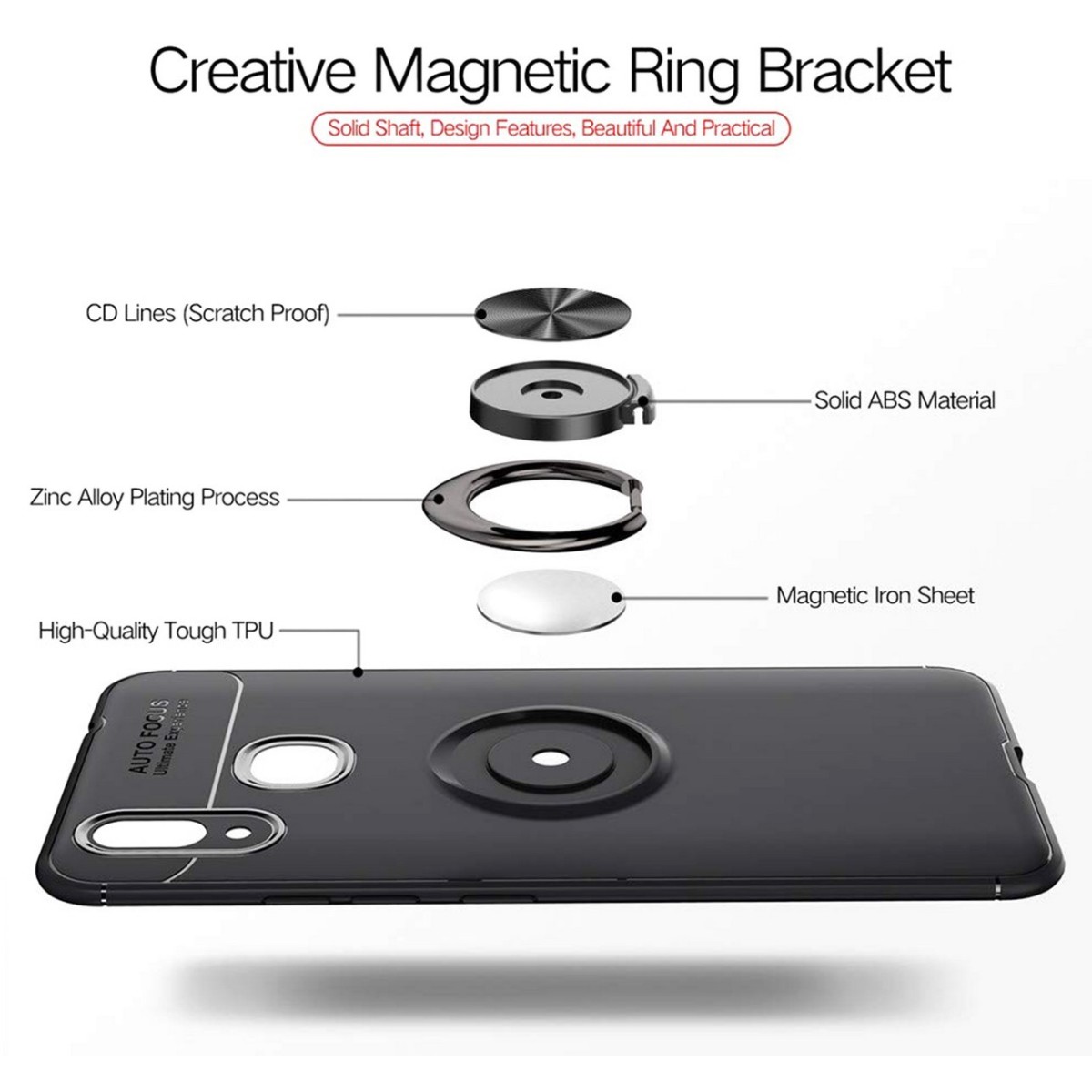 Funda Magnetica Soporte con Anillo Giratorio 360 para Samsung Galaxy M20 color Negra
