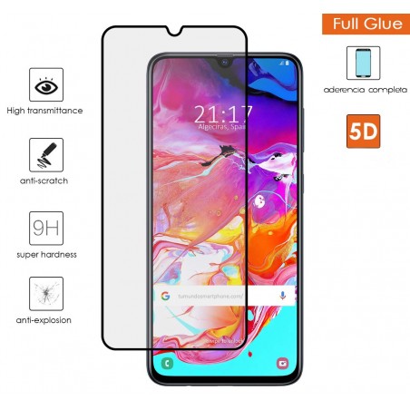 Protector Cristal Templado Completo 5D Full Glue Negro para Samsung Galaxy A70