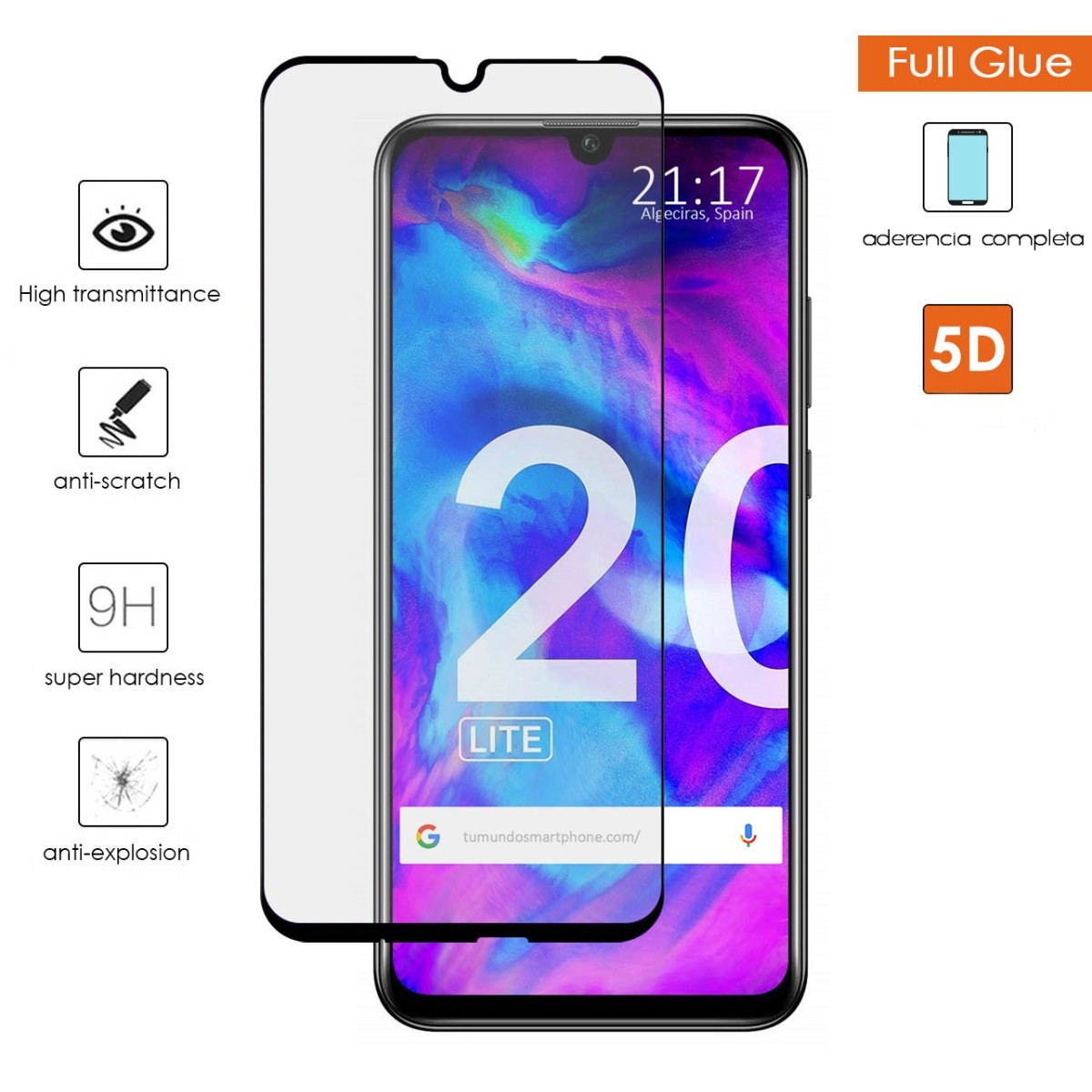 Protector Cristal Templado Completo 5D Full Glue Negro para Huawei Honor 20 Lite Vidrio