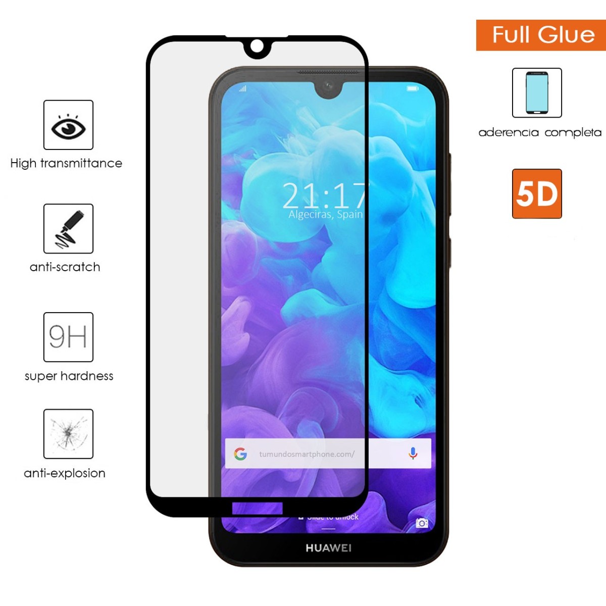 Protector Cristal Templado Completo 5D Full Glue Negro para Huawei Y5 2019 Vidrio