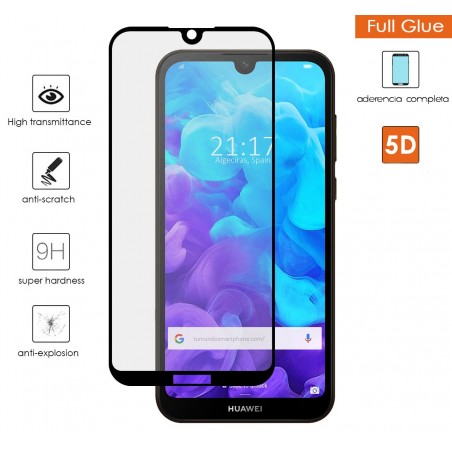 Protector Cristal Templado Completo 5D Full Glue Negro para Huawei Y5 2019 Vidrio
