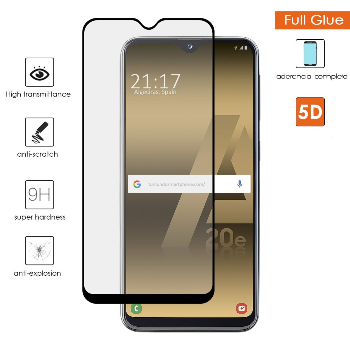 Protector Cristal Templado Completo 5D Full Glue Negro para Samsung Galaxy A20e 5.8 Vidrio