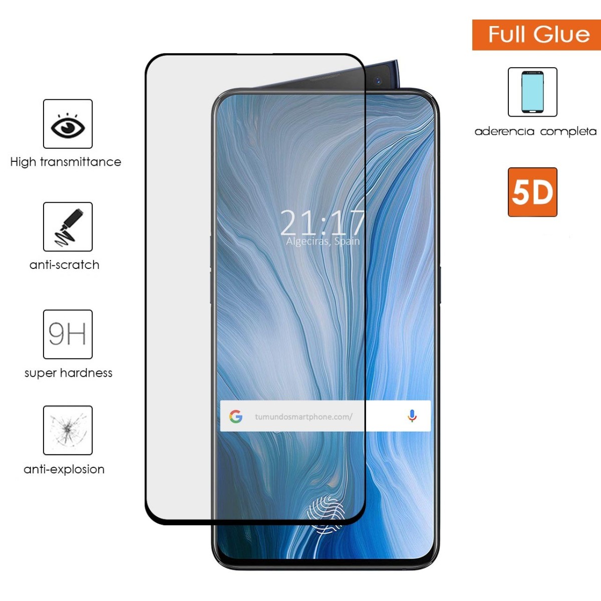 Protector Cristal Templado Completo 5D Full Glue Negro para Oppo Reno Vidrio