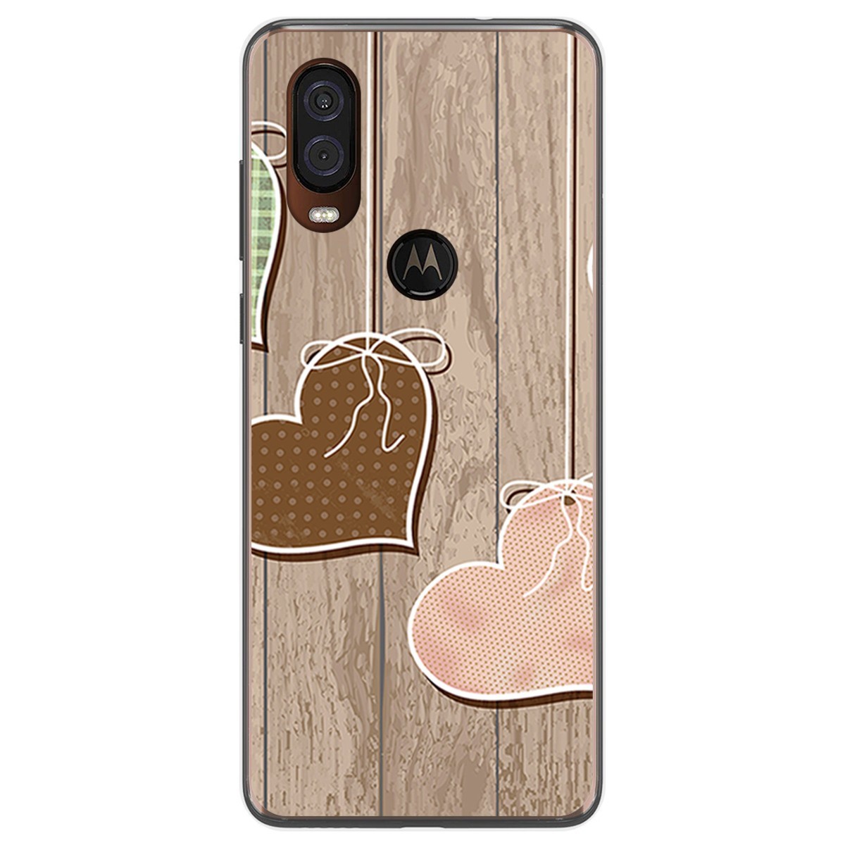 Funda Gel Tpu para Motorola One Vision diseño Corazones Madera Dibujos
