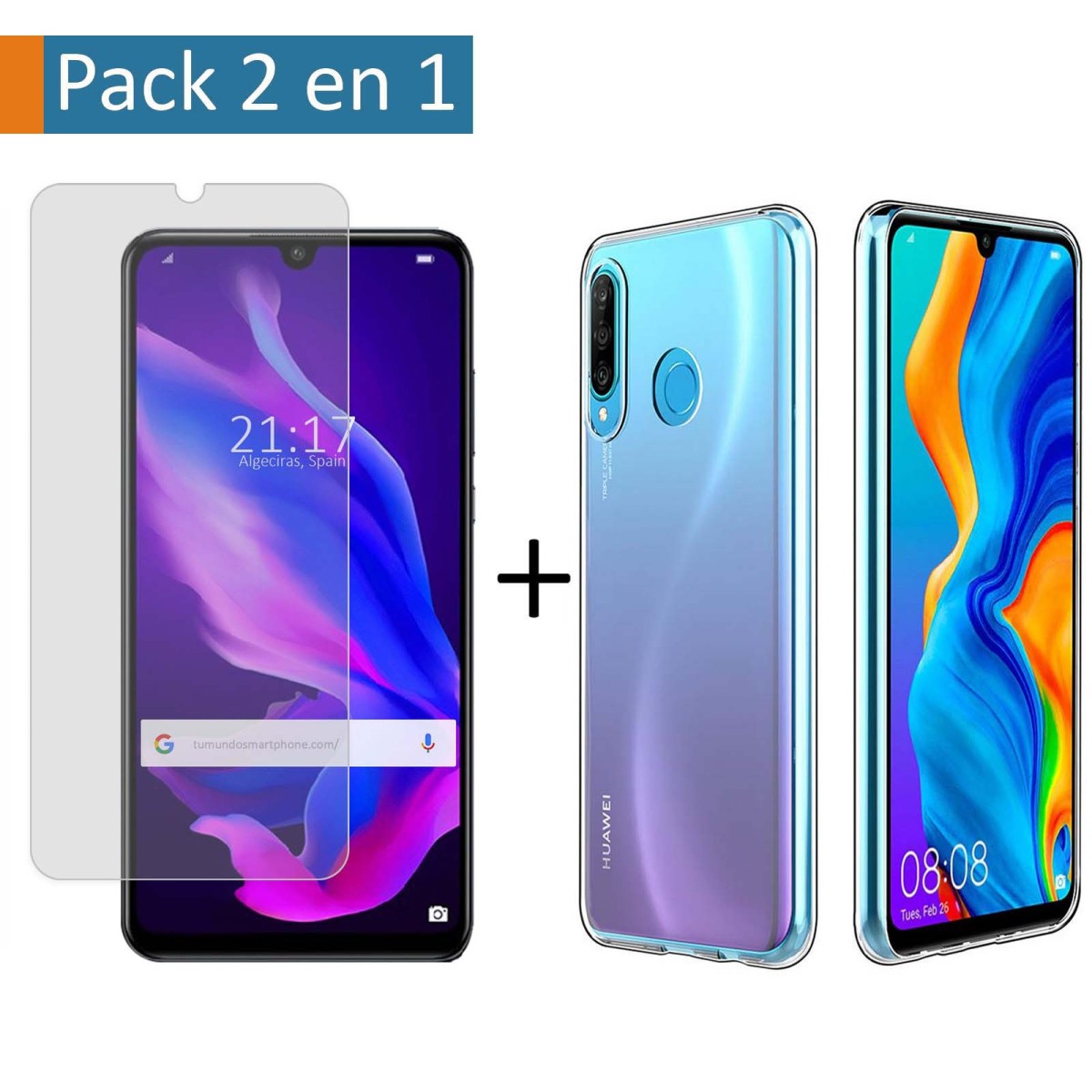 Pack 2 En 1 Funda Gel Transparente + Protector Cristal Templado para Huawei P30 Lite