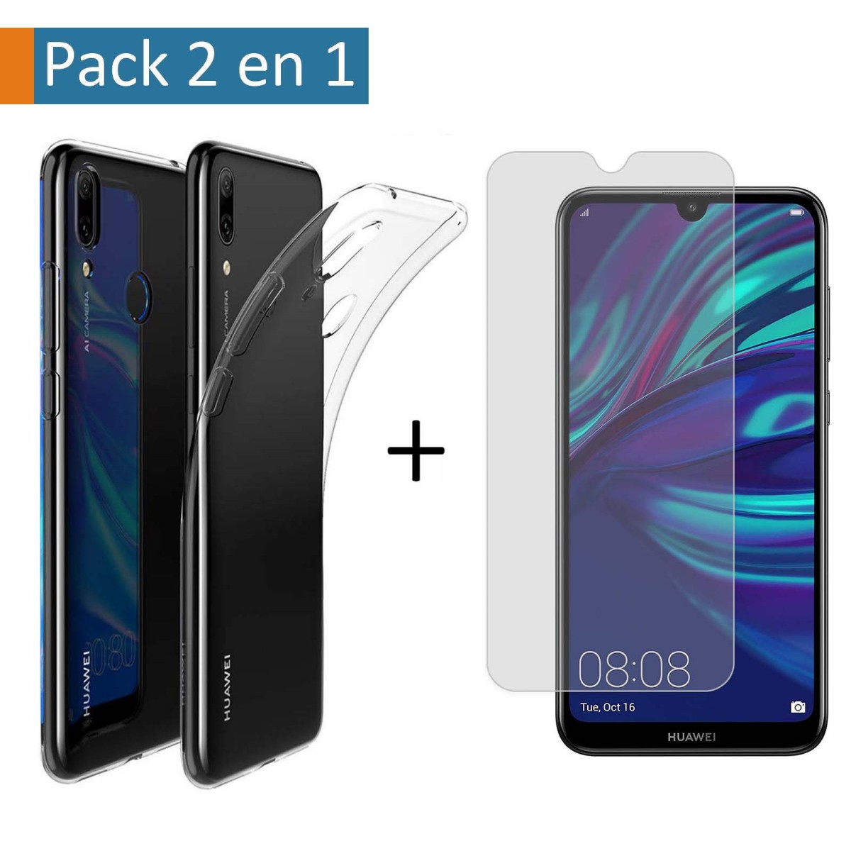Pack 2 En 1 Funda Gel Transparente + Protector Cristal Templado para Huawei Y7 2019