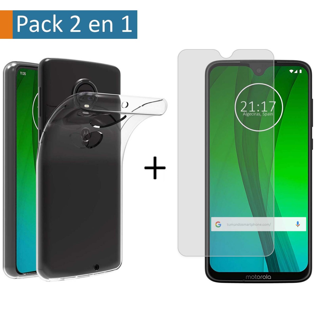 Pack 2 En 1 Funda Gel Transparente + Protector Cristal Templado para Motorola Moto G7 / G7 Plus