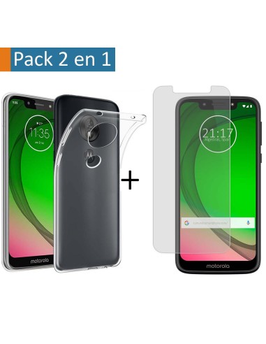 Pack 2 En 1 Funda Gel Transparente + Protector Cristal Templado para Motorola Moto G7 Play