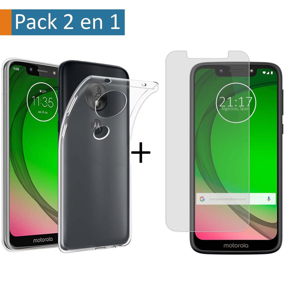Pack 2 En 1 Funda Gel Transparente + Protector Cristal Templado para Motorola Moto G7 Play