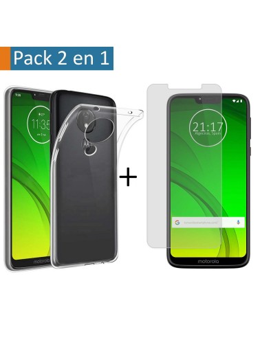 Pack 2 En 1 Funda Gel Transparente + Protector Cristal Templado para Motorola Moto G7 Power