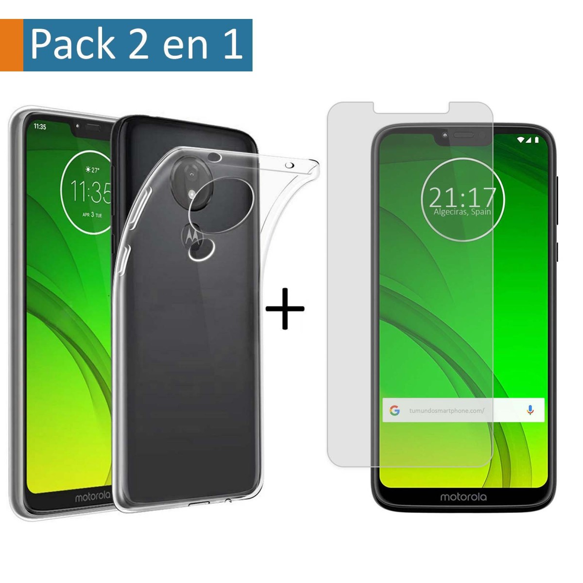 Pack 2 En 1 Funda Gel Transparente + Protector Cristal Templado para Motorola Moto G7 Power