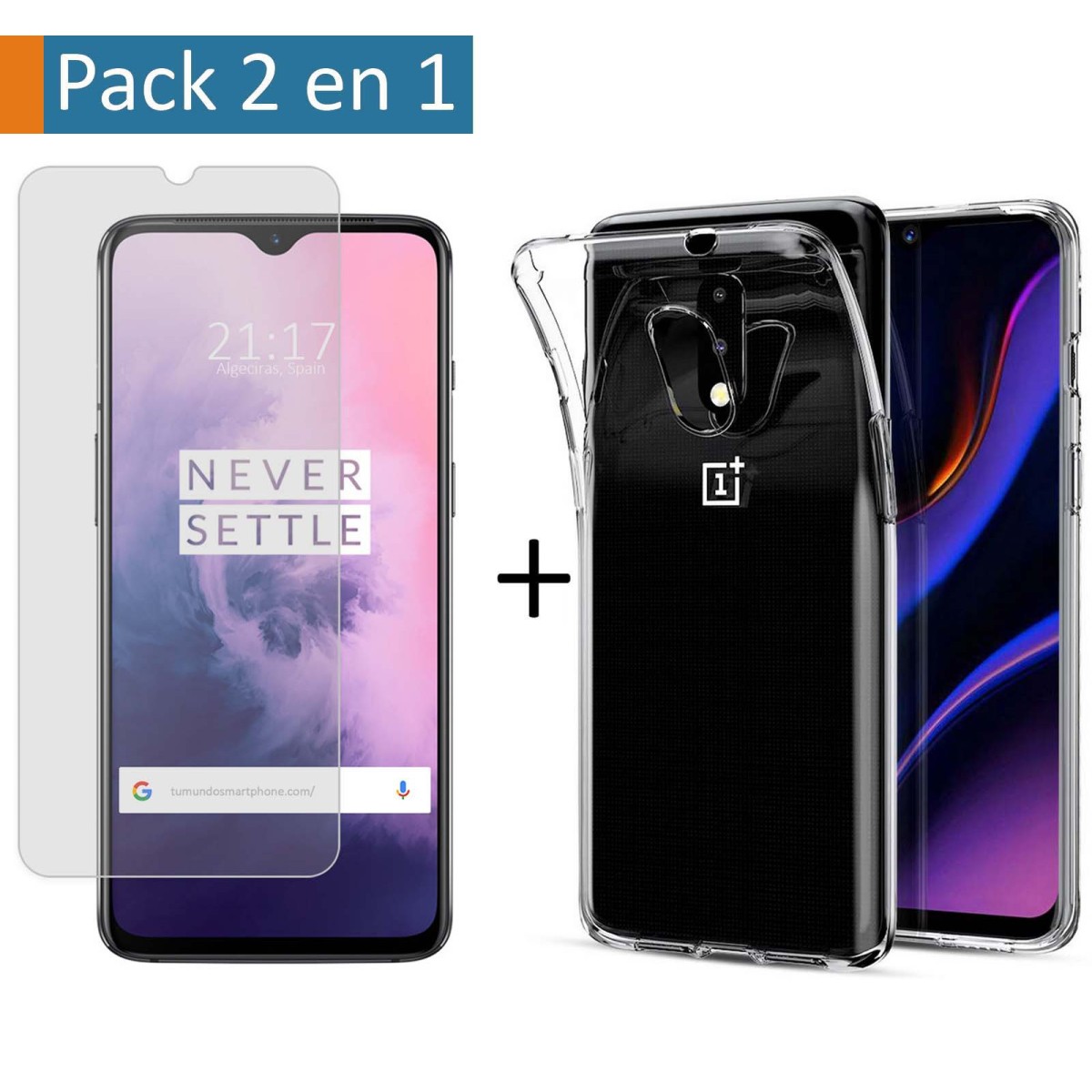 Pack 2 En 1 Funda Gel Transparente + Protector Cristal Templado para Oneplus 7