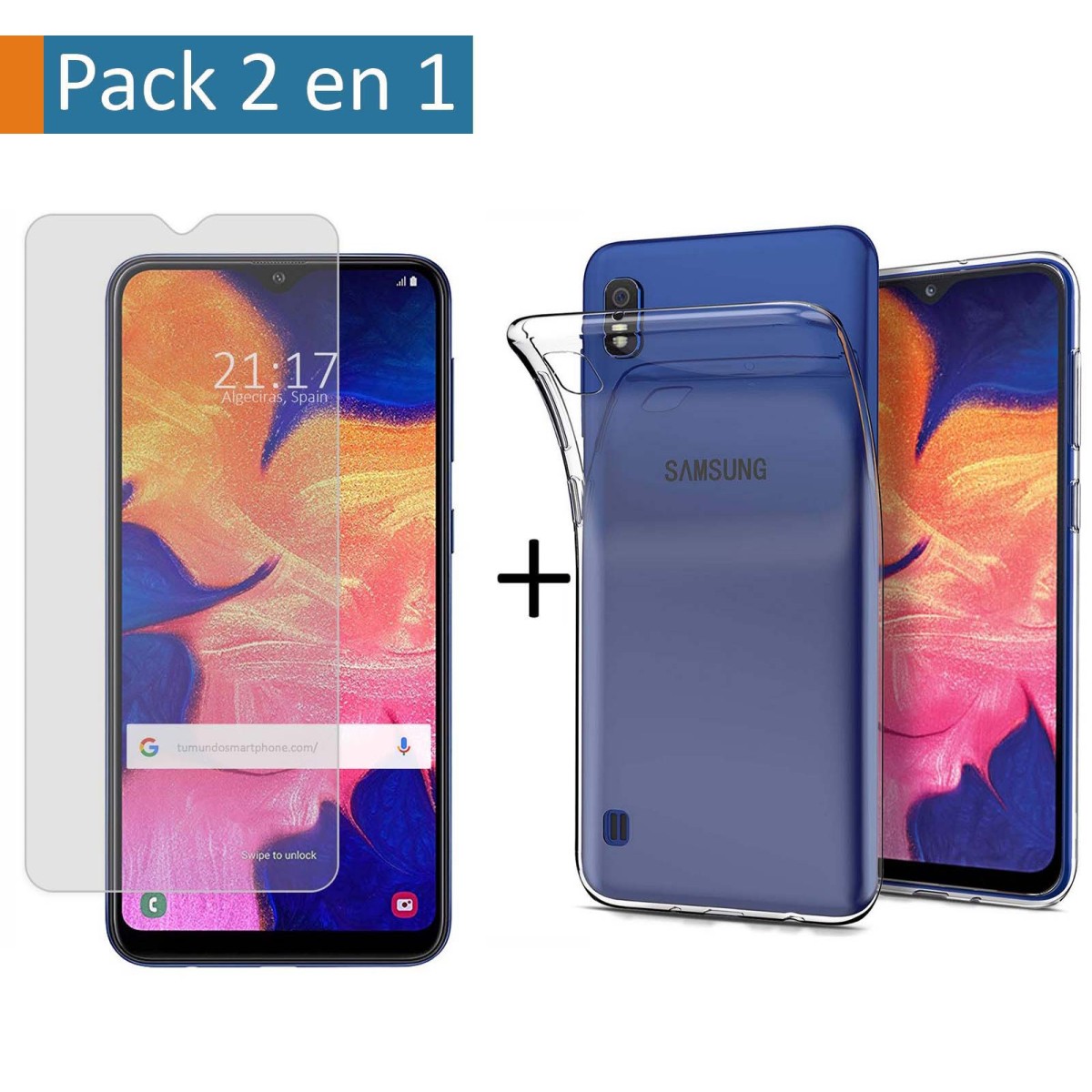 Pack 2 En 1 Funda Gel Transparente + Protector Cristal Templado para Samsung Galaxy A10