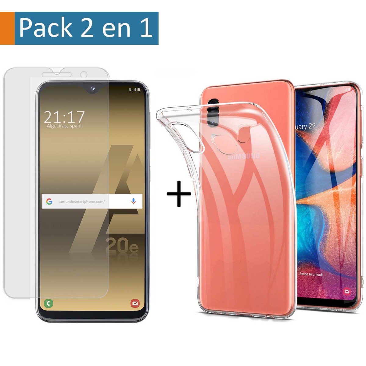 Pack 2 En 1 Funda Gel Transparente + Protector Cristal Templado para Samsung Galaxy A20e 5.8
