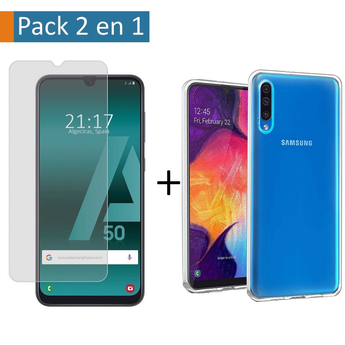 Pack 2 En 1 Funda Gel Transparente + Protector Cristal Templado para Samsung Galaxy A50 / A50s / A30s