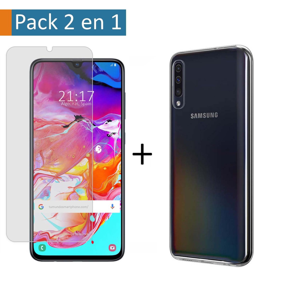 Pack 2 En 1 Funda Gel Transparente + Protector Cristal Templado para Samsung Galaxy A70