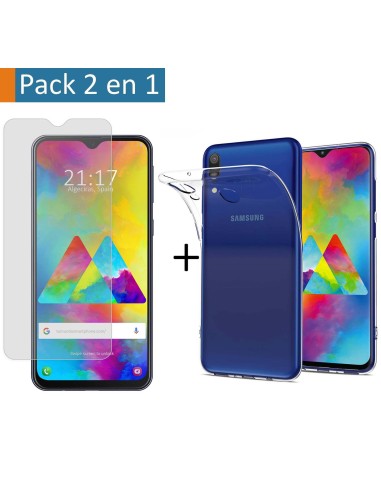 Pack 2 En 1 Funda Gel Transparente + Protector Cristal Templado para Samsung Galaxy M20