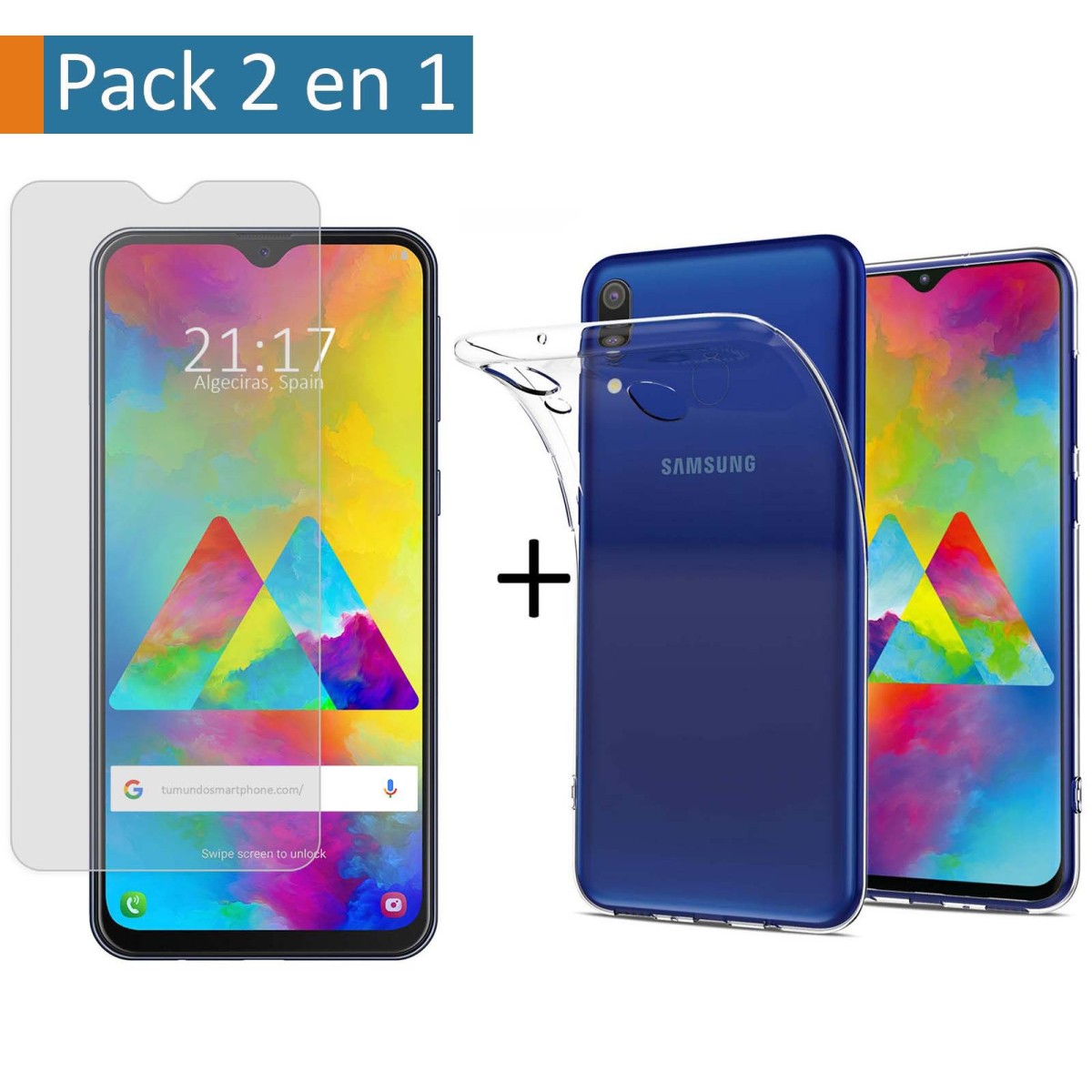 Pack 2 En 1 Funda Gel Transparente + Protector Cristal Templado para Samsung Galaxy M20