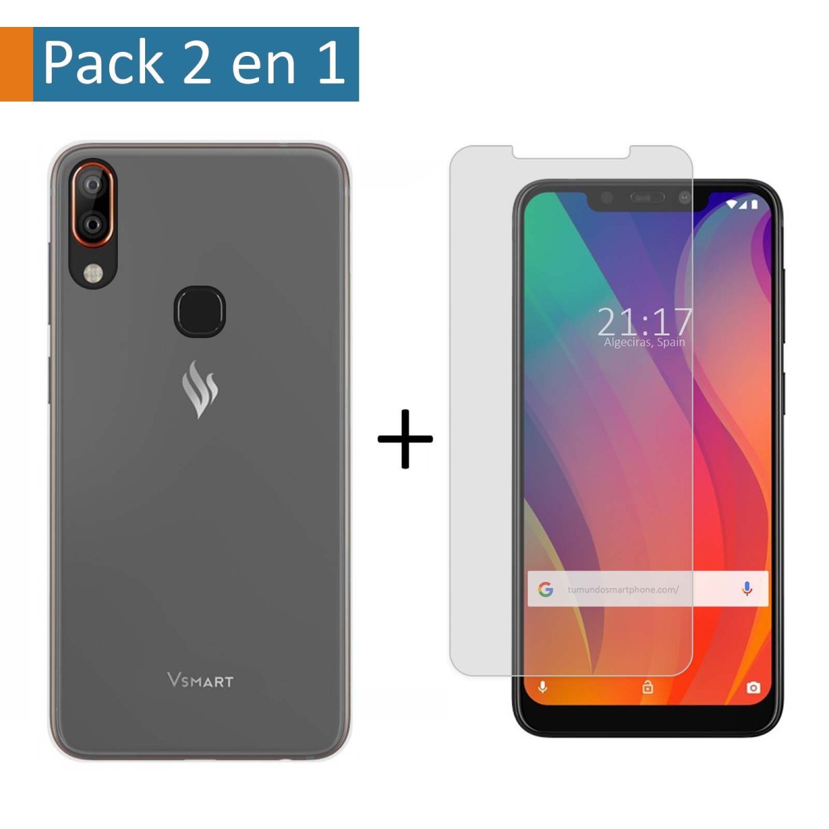 Pack 2 En 1 Funda Gel Transparente + Protector Cristal Templado para Vsmart Active 1+ Plus