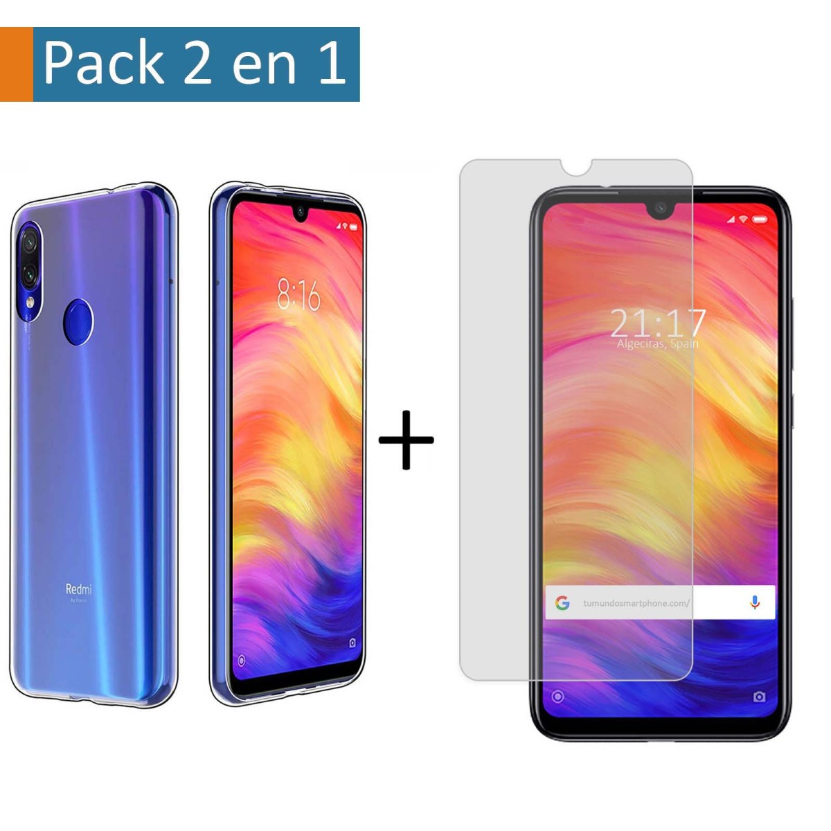 Pack 2 En 1 Funda Gel Transparente + Protector Cristal Templado para Xiaomi Redmi Note 7