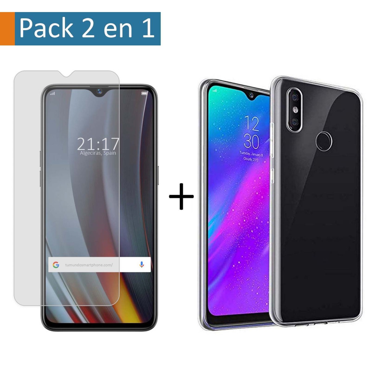 Pack 2 En 1 Funda Gel Transparente + Protector Cristal Templado para Realme 3 Pro