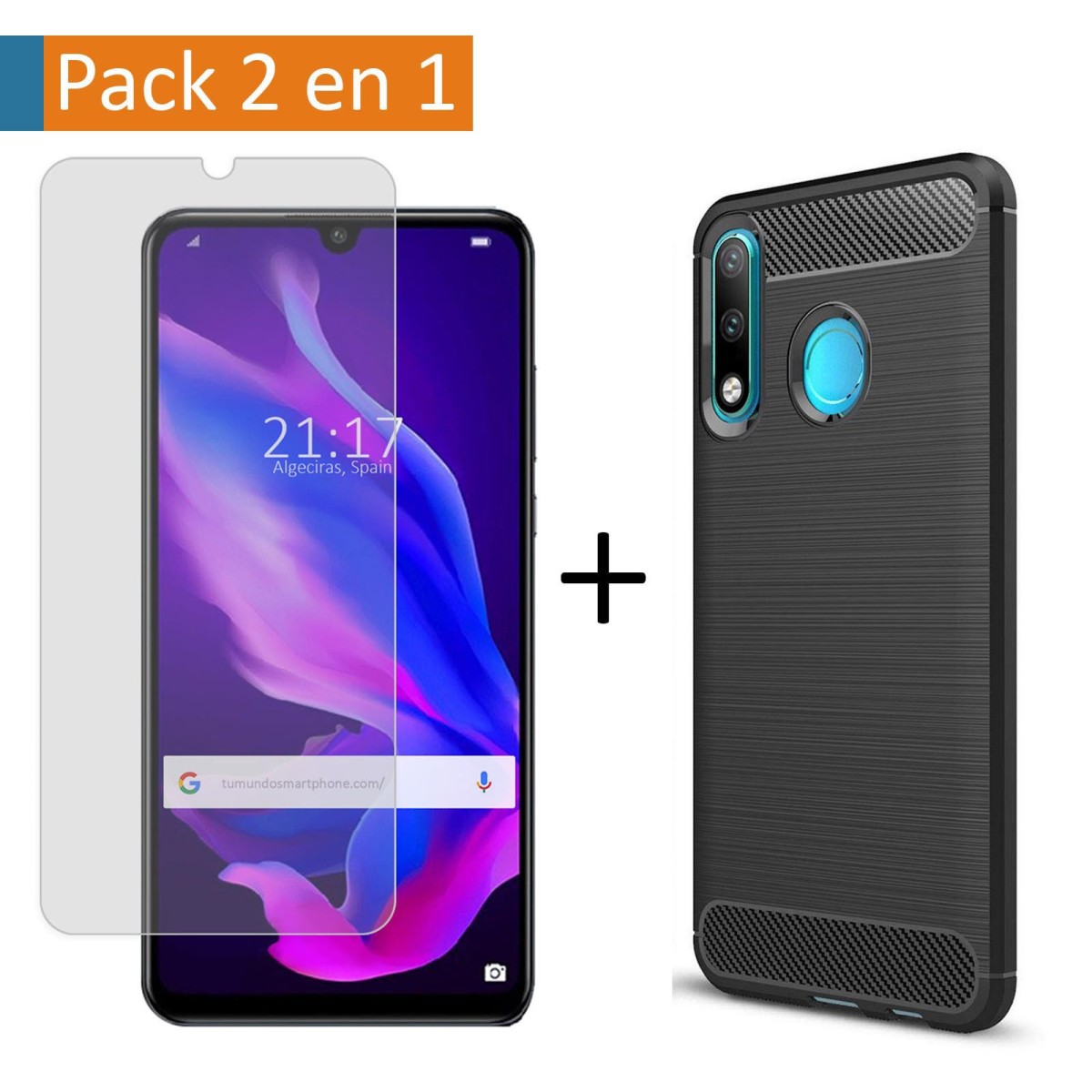 Pack 2 En 1 Funda Gel Tipo Carbono + Protector Cristal Templado para Huawei P30 Lite