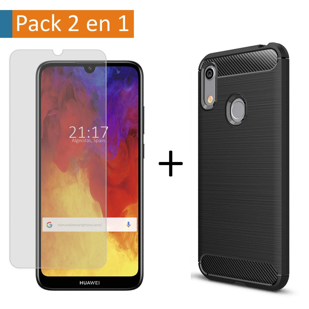 Pack 2 En 1 Funda Gel Tipo Carbono + Protector Cristal Templado para Huawei Y6 2019 / Y6s 2019