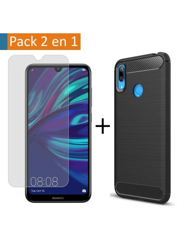 Pack 2 En 1 Funda Gel Tipo Carbono + Protector Cristal Templado para Huawei Y7 2019