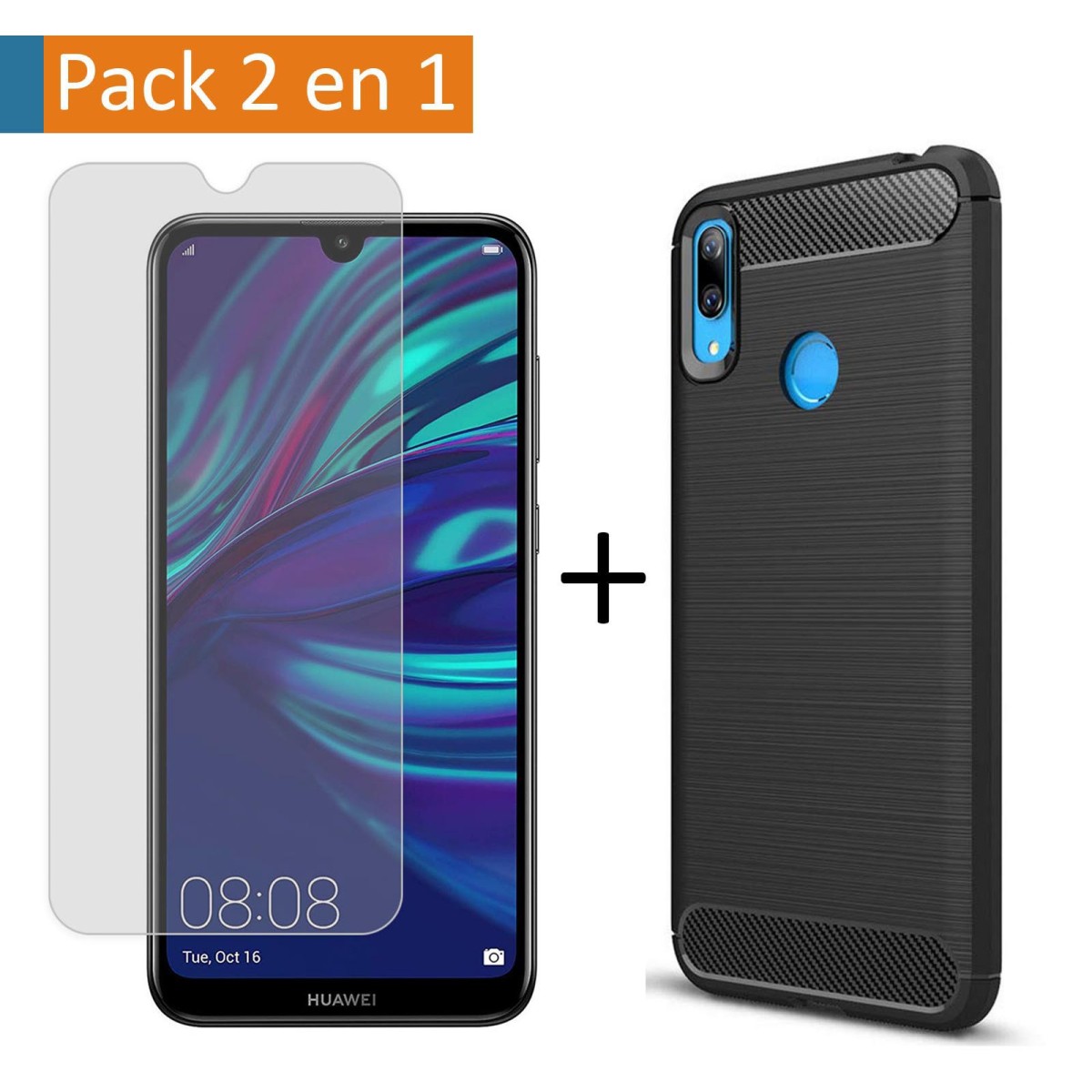 Pack 2 En 1 Funda Gel Tipo Carbono + Protector Cristal Templado para Huawei Y7 2019