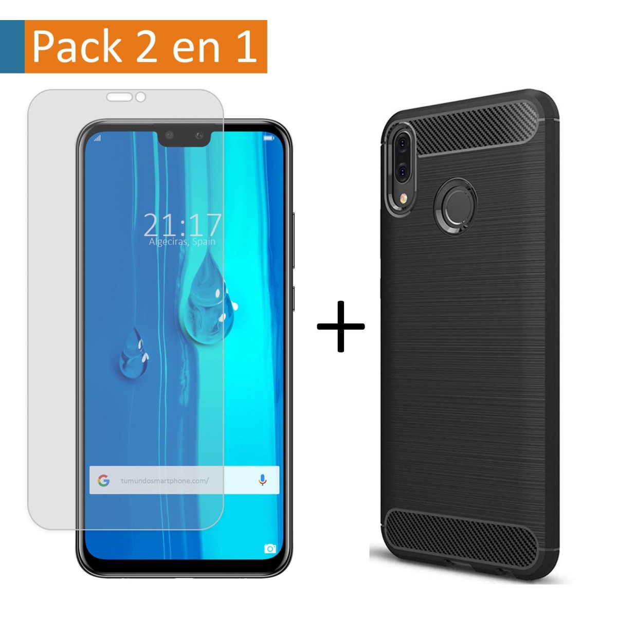 Pack 2 En 1 Funda Gel Tipo Carbono + Protector Cristal Templado para Huawei Y9 2019