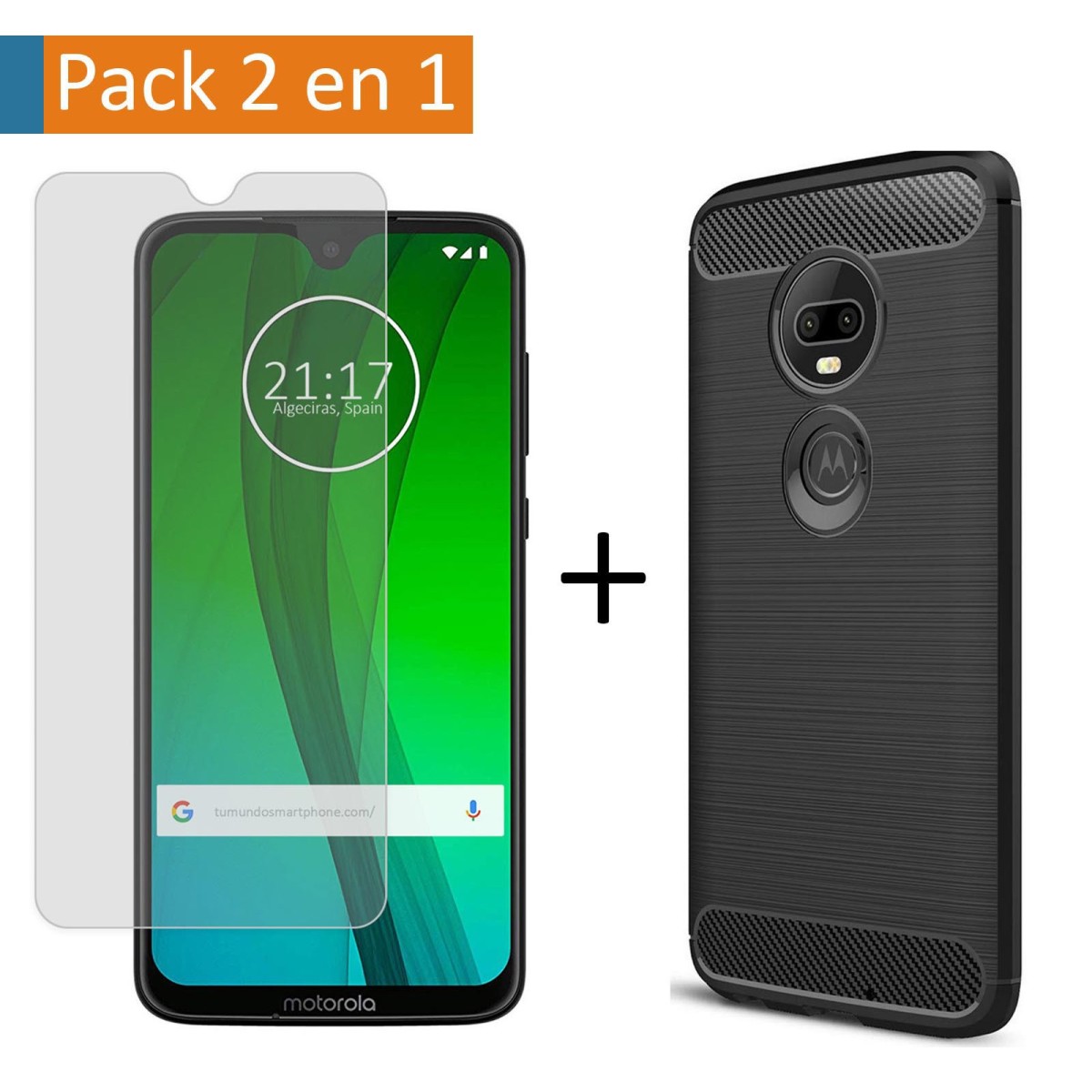 Pack 2 En 1 Funda Gel Tipo Carbono + Protector Cristal Templado para Motorola Moto G7 / G7 Plus