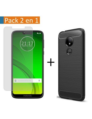 Pack 2 En 1 Funda Gel Tipo Carbono + Protector Cristal Templado para Motorola Moto G7 Play