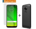 Pack 2 En 1 Funda Gel Tipo Carbono + Protector Cristal Templado para Motorola Moto G7 Power