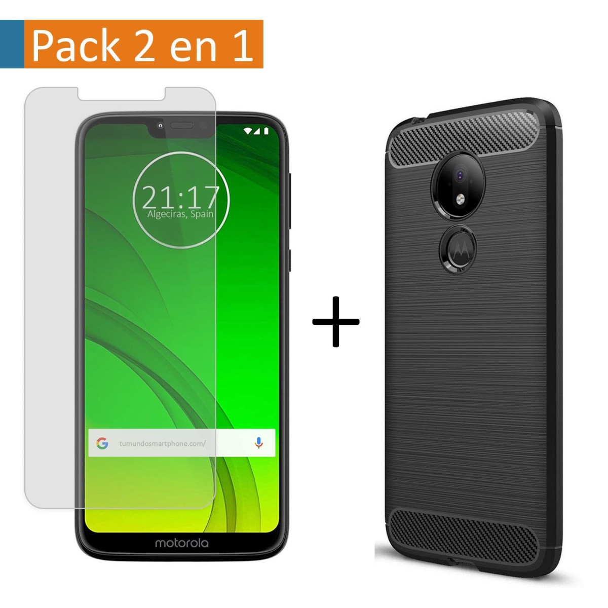 Pack 2 En 1 Funda Gel Tipo Carbono + Protector Cristal Templado para Motorola Moto G7 Power