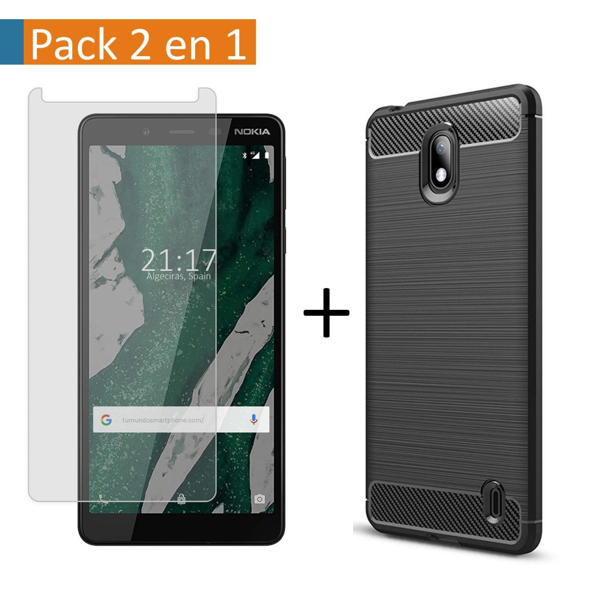 Pack 2 En 1 Funda Gel Tipo Carbono + Protector Cristal Templado para Nokia 1 Plus