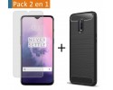 Pack 2 En 1 Funda Gel Tipo Carbono + Protector Cristal Templado para Oneplus 7