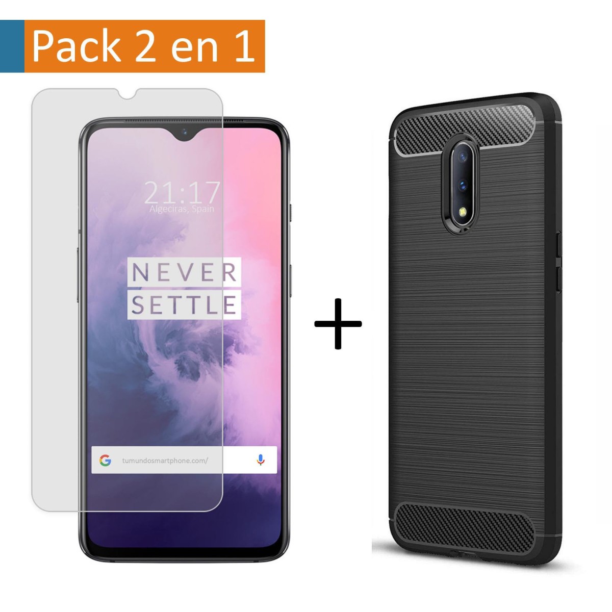 Pack 2 En 1 Funda Gel Tipo Carbono + Protector Cristal Templado para Oneplus 7