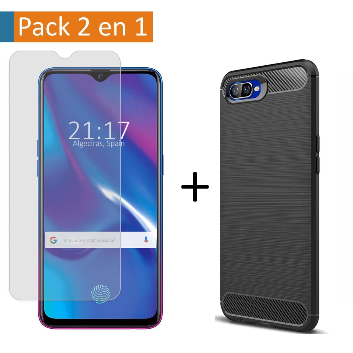 Pack 2 En 1 Funda Gel Tipo Carbono + Protector Cristal Templado para Oppo RX17 Neo
