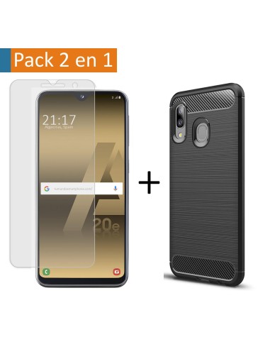 Pack 2 En 1 Funda Gel Tipo Carbono + Protector Cristal Templado para Samsung Galaxy A20e 5.8