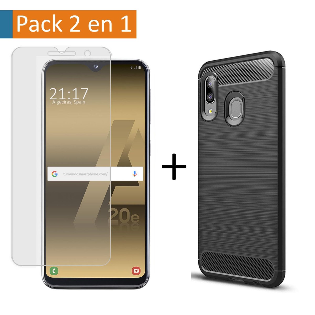 Pack 2 En 1 Funda Gel Tipo Carbono + Protector Cristal Templado para Samsung Galaxy A20e 5.8