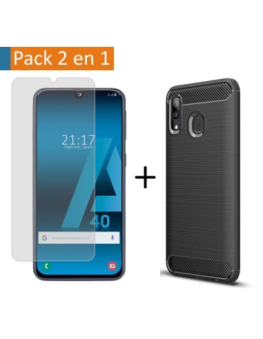 Pack 2 En 1 Funda Gel Tipo Carbono + Protector Cristal Templado para Samsung Galaxy A40