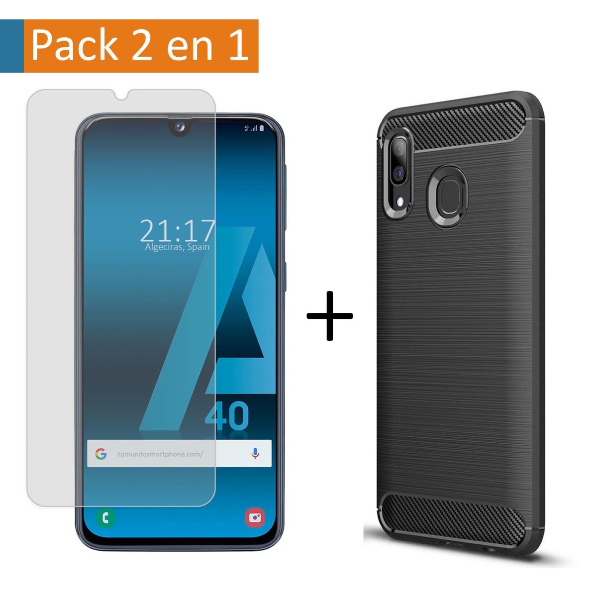 Pack 2 En 1 Funda Gel Tipo Carbono + Protector Cristal Templado para Samsung Galaxy A40